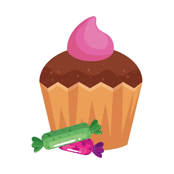 Delizioso cupcake con caramelle icona isolata — Vettoriale Stock