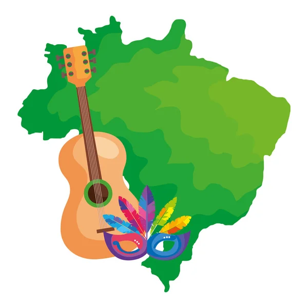 Mapa Brazylii z maską karnawał i gitara — Wektor stockowy