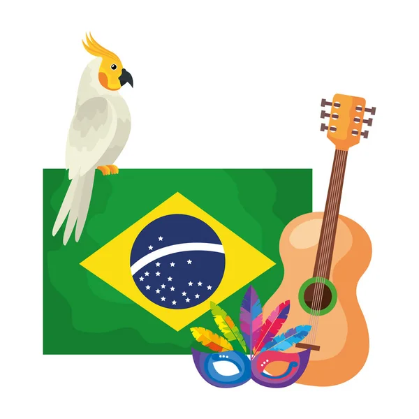 Bandera de Brasil con loro e iconos tradicionales — Vector de stock