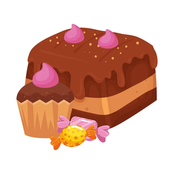 Bolo de chocolate com cupcake e doces — Vetor de Stock