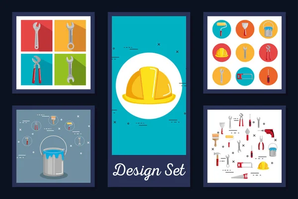 Diseños conjunto de herramientas y equipos en construcción — Vector de stock