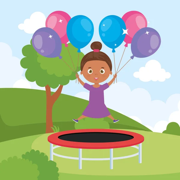 Holčička afro v trampolíně skok s balónky helium v parku krajina — Stockový vektor