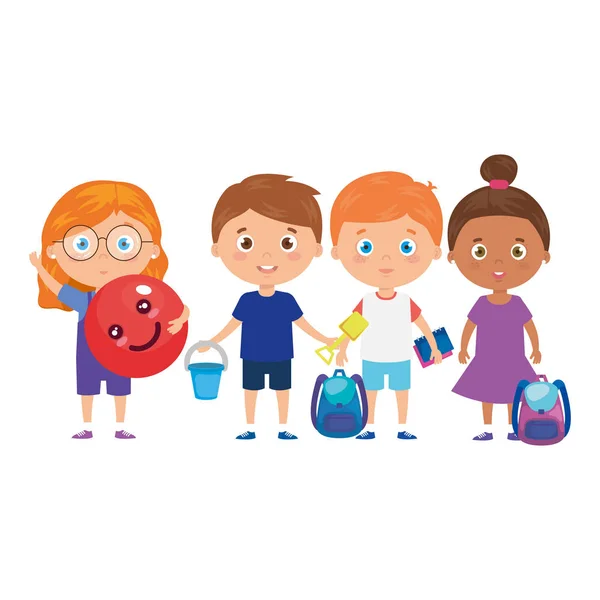 Ομάδα μικρών παιδιών με σχολική τσάντα και παιχνίδια — Διανυσματικό Αρχείο