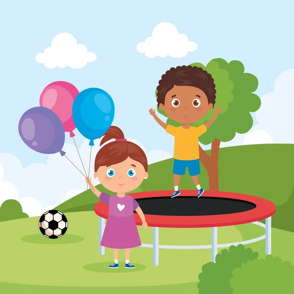 Bambini piccoli nel paesaggio del parco con trampolino e palloncini elio — Vettoriale Stock