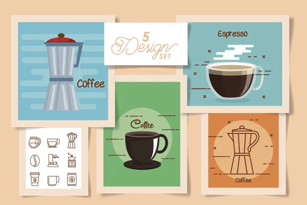 Fünf Designs von Kaffee und Ikonen lizenzfreie Stockillustrationen
