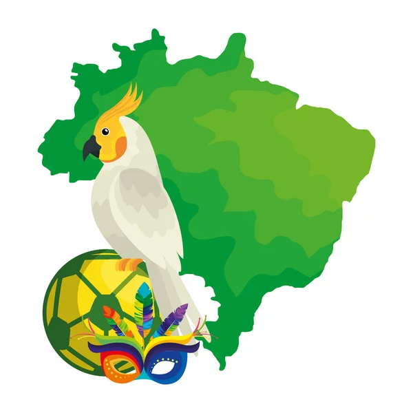 Mapa de Brasil con loro e iconos tradicionales — Vector de stock