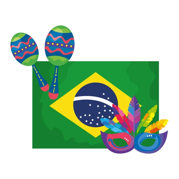 Bandera de Brasil con máscara de carnaval y maracas — Vector de stock