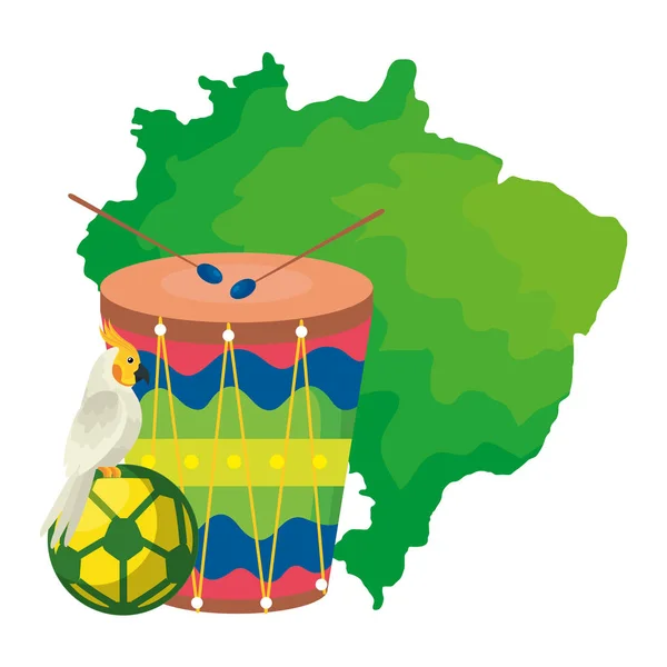 Mapa Brazylii z papugą i ikonami tradycyjnymi — Wektor stockowy