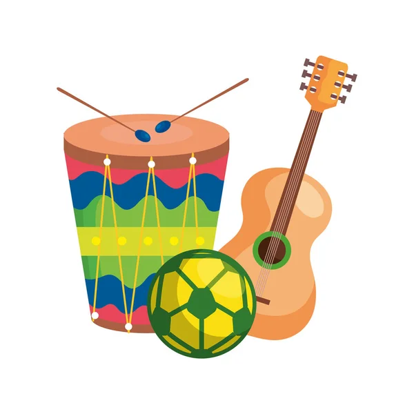 Guitarra com tambor e bola de futebol — Vetor de Stock