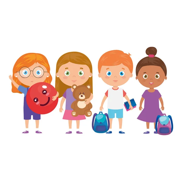 Grupo de niños pequeños con bolsa de escuela y juguetes — Archivo Imágenes Vectoriales