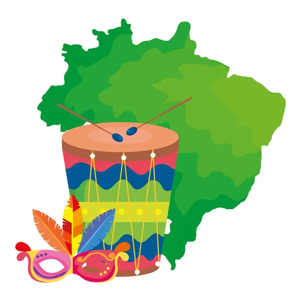 Mapa de Brasil con carnaval máscara y tambor — Archivo Imágenes Vectoriales