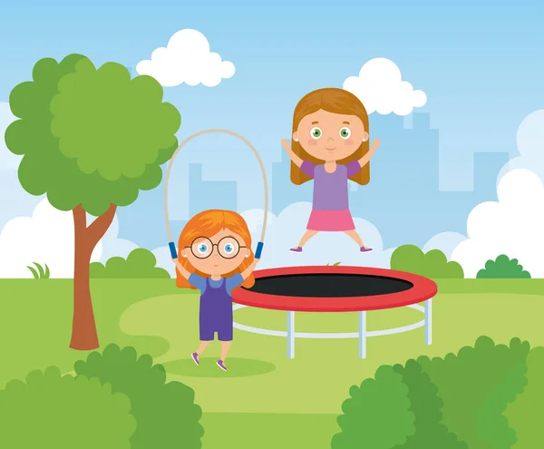 トランポリンジャンプとロープジャンプを持つ小さな女の子が公園の風景の中に — ストックベクタ