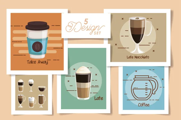 Pięć wzorów kawy i ikon — Wektor stockowy