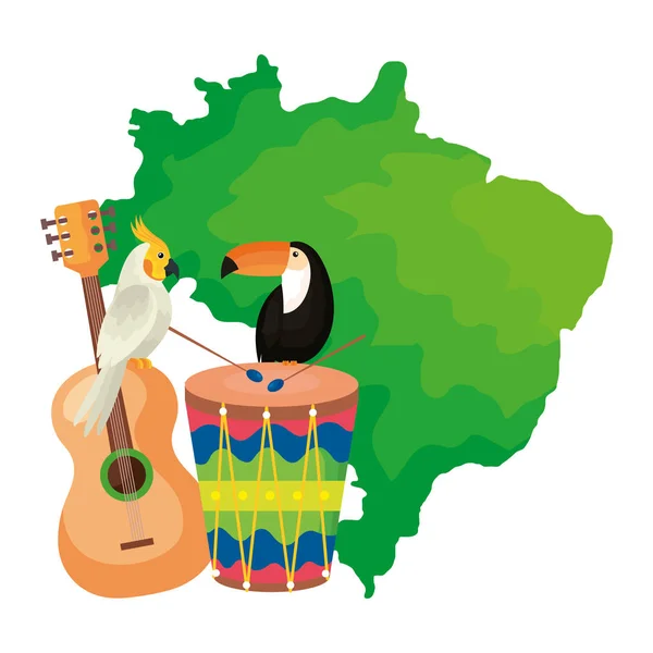 Mapa Brazylii z tradycyjnymi papugami i ikonami — Wektor stockowy