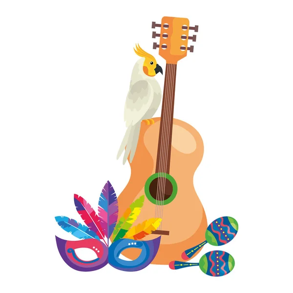 Guitarra com papagaio e ícones tradicionais —  Vetores de Stock