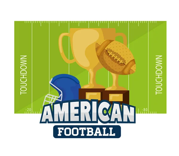 Poster of american football with trophies and helmet — Stock Vector