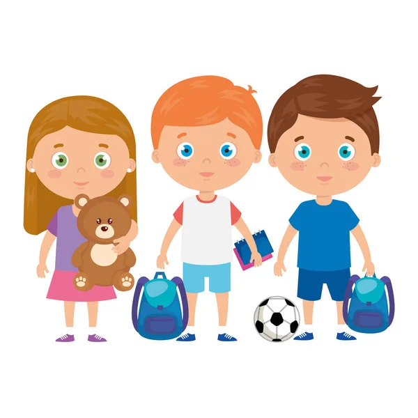 Gruppe kleiner Kinder mit Schultasche und Spielzeug — Stockvektor