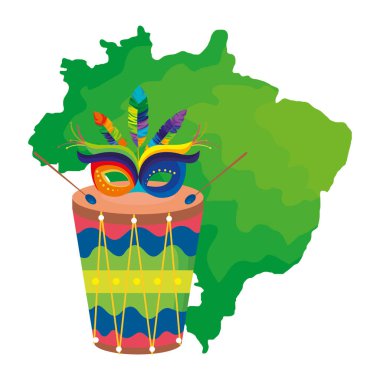 Maskeli karnaval ve davullu Brezilya haritası