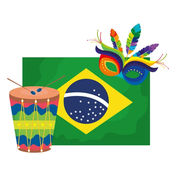 Bandera de Brasil con máscara de carnaval y tambor — Archivo Imágenes Vectoriales