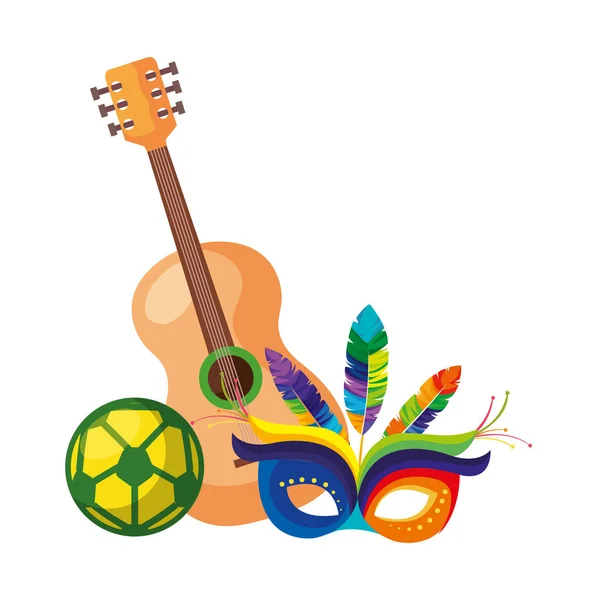 Guitar with mask carnival and ball soccer — Stock Vector