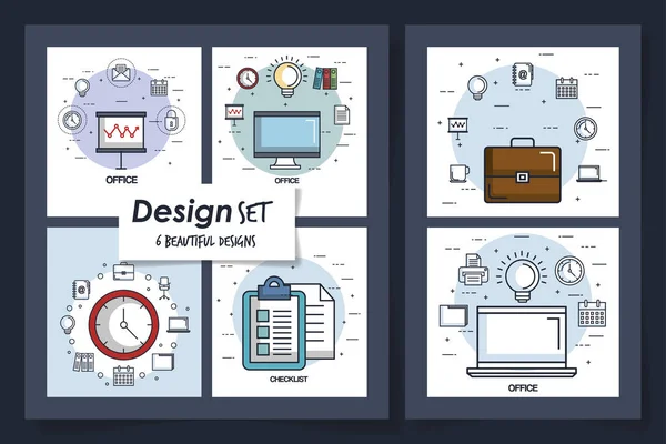 Seis diseños de equipos de oficina con iconos — Vector de stock