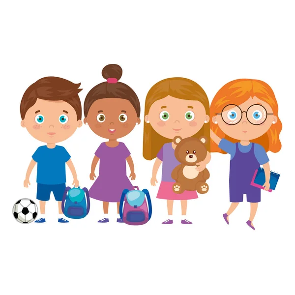 Group of little children with school bag and toys — 스톡 벡터