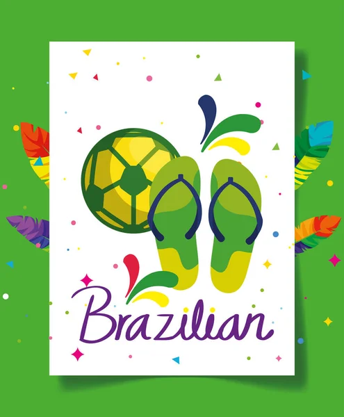 Plakat des brasilianischen Karnevals mit Flip Flops und Fußball — Stockvektor