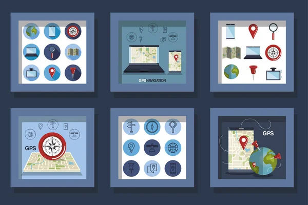 Diseños de paquetes de navegación GPS e iconos — Archivo Imágenes Vectoriales