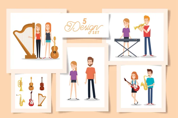 Five designs of young people with instruments musical — Stock Vector