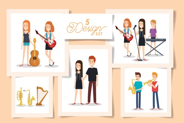 Five designs of young people with instruments musical — Stock Vector