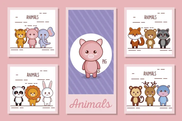 Bundle designs of cute animals — Stock Vector