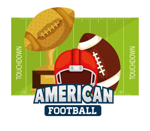 Poster di football americano con palla e icone — Vettoriale Stock