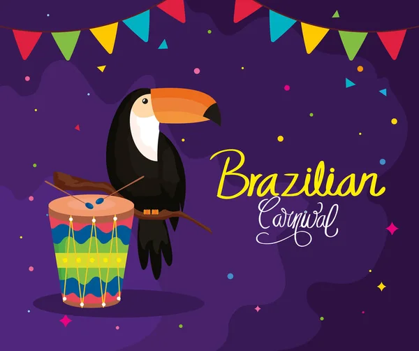 Plakat des brasilianischen Karnevals mit Tukan und Trommel — Stockvektor