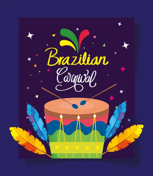 Plakat brazylijskiego karnawału z perkusją i dekoracją — Wektor stockowy