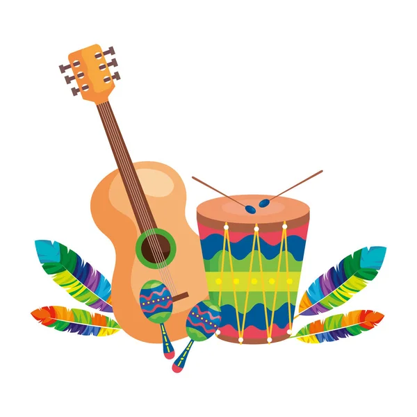 Guitar with drum and maracas isolated icon — Stock Vector