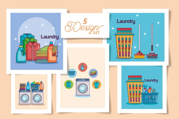 Fem mönster av tvätt och ikoner — Stock vektor
