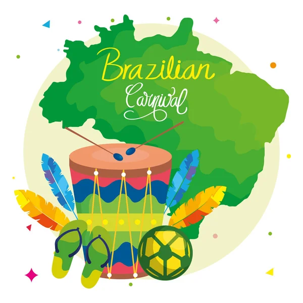 Plakat karnawałowy brazylijski z bębnem i ikonami tradycyjne — Wektor stockowy