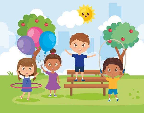 Niños pequeños de grupo jugando en el paisaje del parque — Vector de stock