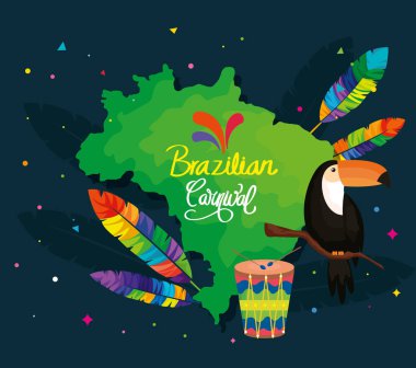 Geleneksel simgelerle ve haritalarla Brezilya Karnavalı afişi