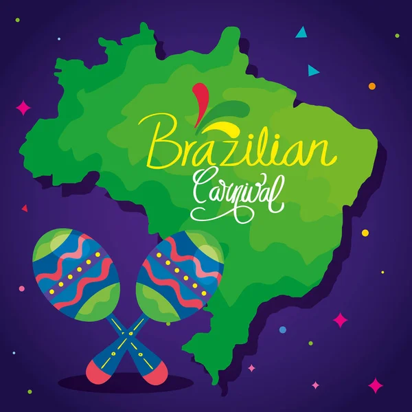 Plakat brazylijskiego karnawału z mapą i marakasami — Wektor stockowy