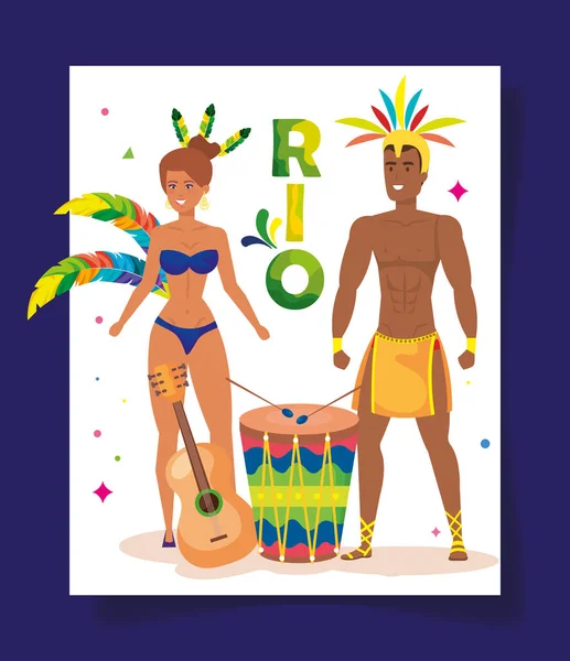 Cartaz de carnaval rio com dança casal exótico e decoração — Vetor de Stock