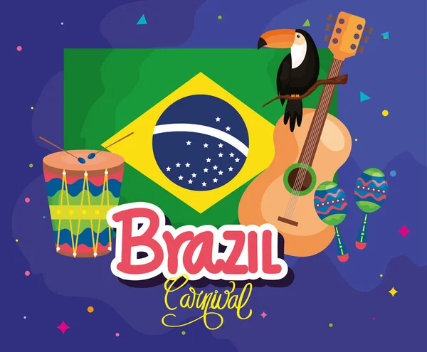 Cartel de carnaval brasileño con bandera e iconos tradicionales — Vector de stock