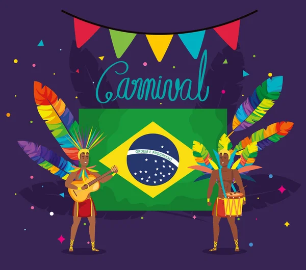 Poster di carnevale brasiliana con ballerini esotici e decorazione — Vettoriale Stock