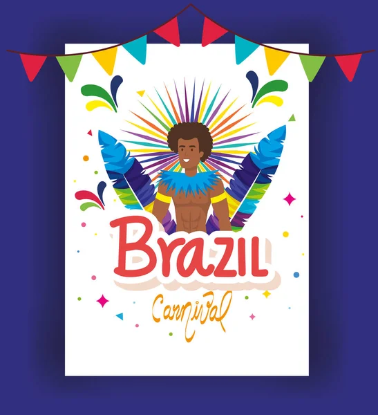 Plakat karnawałowy brazylijski z egzotycznym tancerzem człowiek z dekoracji — Wektor stockowy