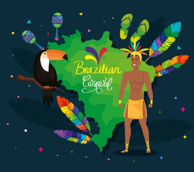 Dansçı egzotik erkek ve dekorasyonlu Brezilya karnavalı afişi.