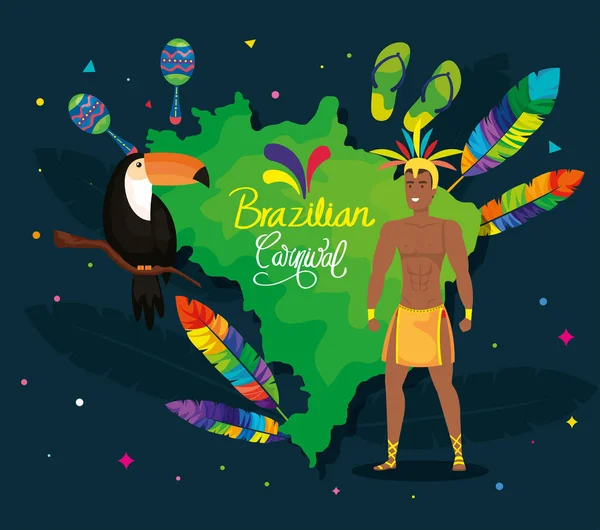 Plakat brazylijskiego karnawału z tancerzem egzotycznych mężczyzn i dekoracji — Wektor stockowy