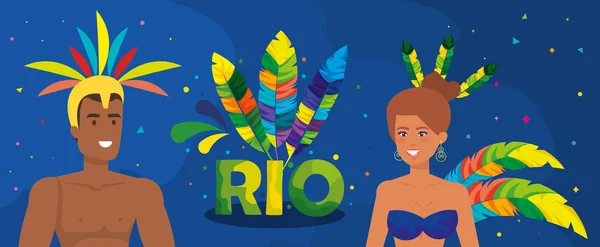 Poster carnival of rio with couple exotic dancer and decoration — Stok Vektör