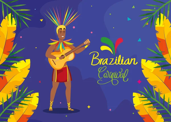 Plakat brazylijskiego karnawału z egzotycznym tancerzem i dekoracją — Wektor stockowy