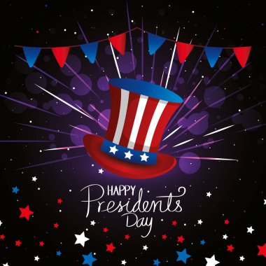 happy presidents day with top hat and garlands hanging