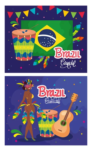 Plakatset Karneval Brasilien mit Dekoration — Stockvektor